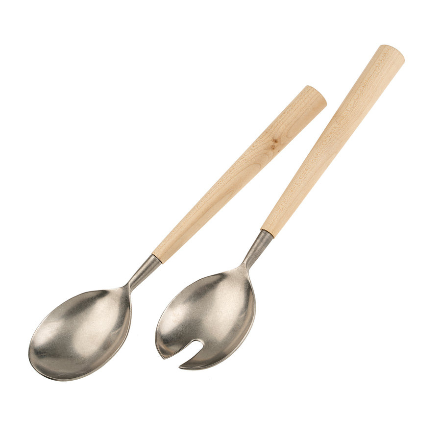 MAPLE WOOD SALAD SERVERS S/2 TUMBLED STAINLESS