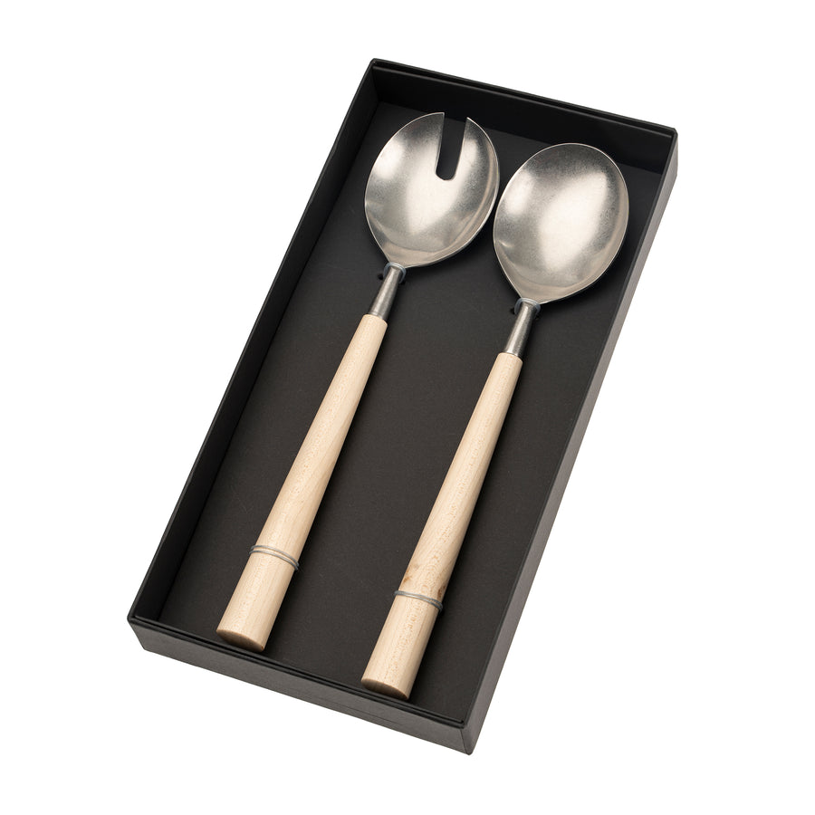 MAPLE WOOD SALAD SERVERS S/2 TUMBLED STAINLESS