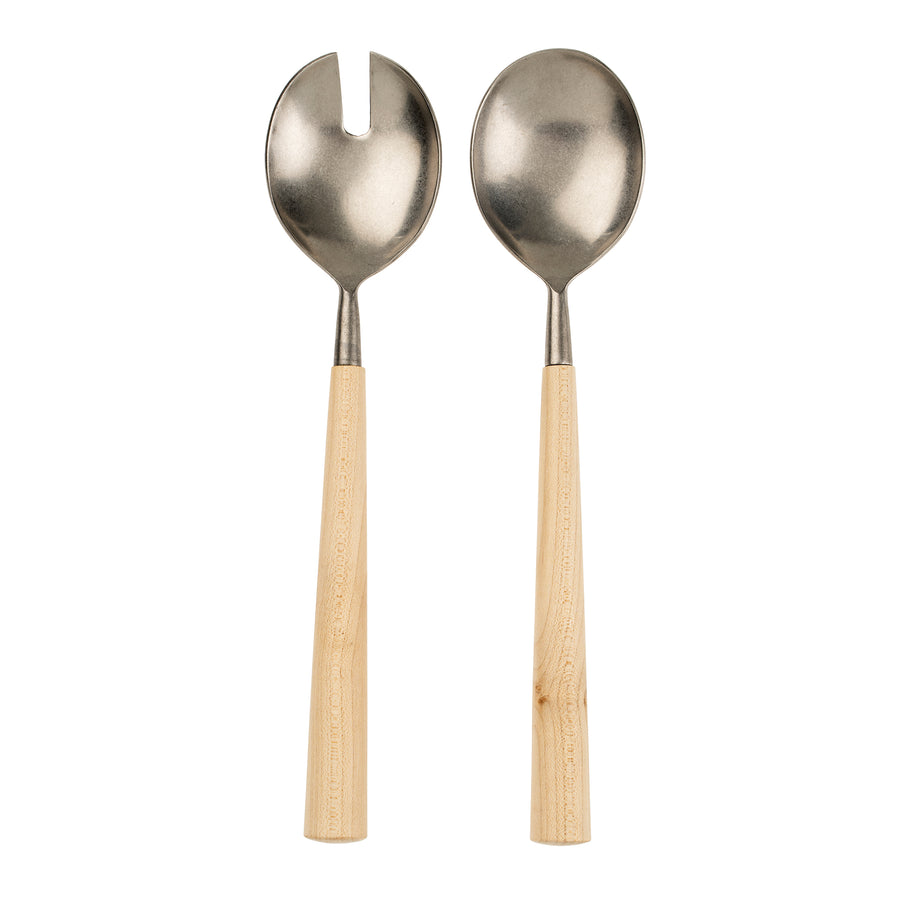 MAPLE WOOD SALAD SERVERS S/2 TUMBLED STAINLESS