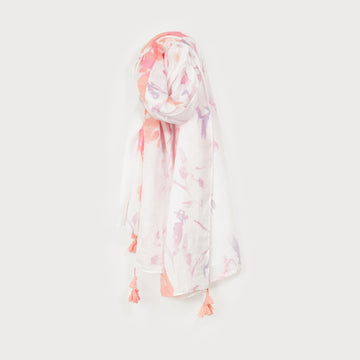 LIGHTWEIGHT FLORAL PRINT SCARF/POMPOMS