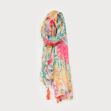 LIGHTWEIGHT FLORAL PRINT SCARF/POMPOMS
