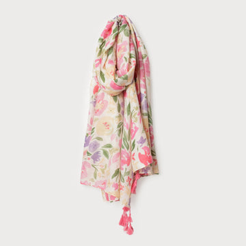 LIGHTWEIGHT FLORAL PRINT SCARF/POMPOMS