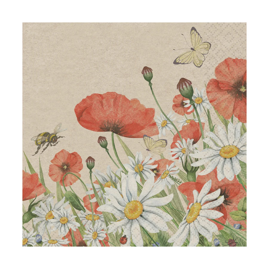 NATURAL LUNCHEON NAPKIN - FLORAL POPPIES
