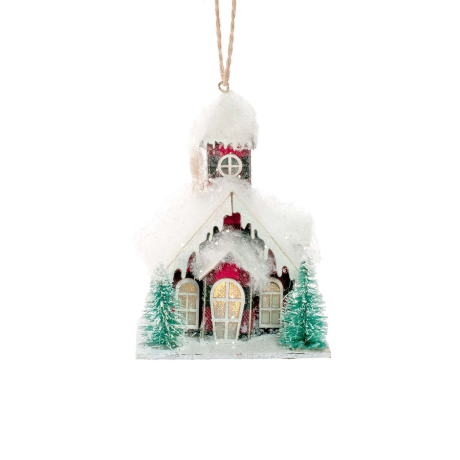 RED PLAID SNOW COVERED CHURCH LED ORNAMENT